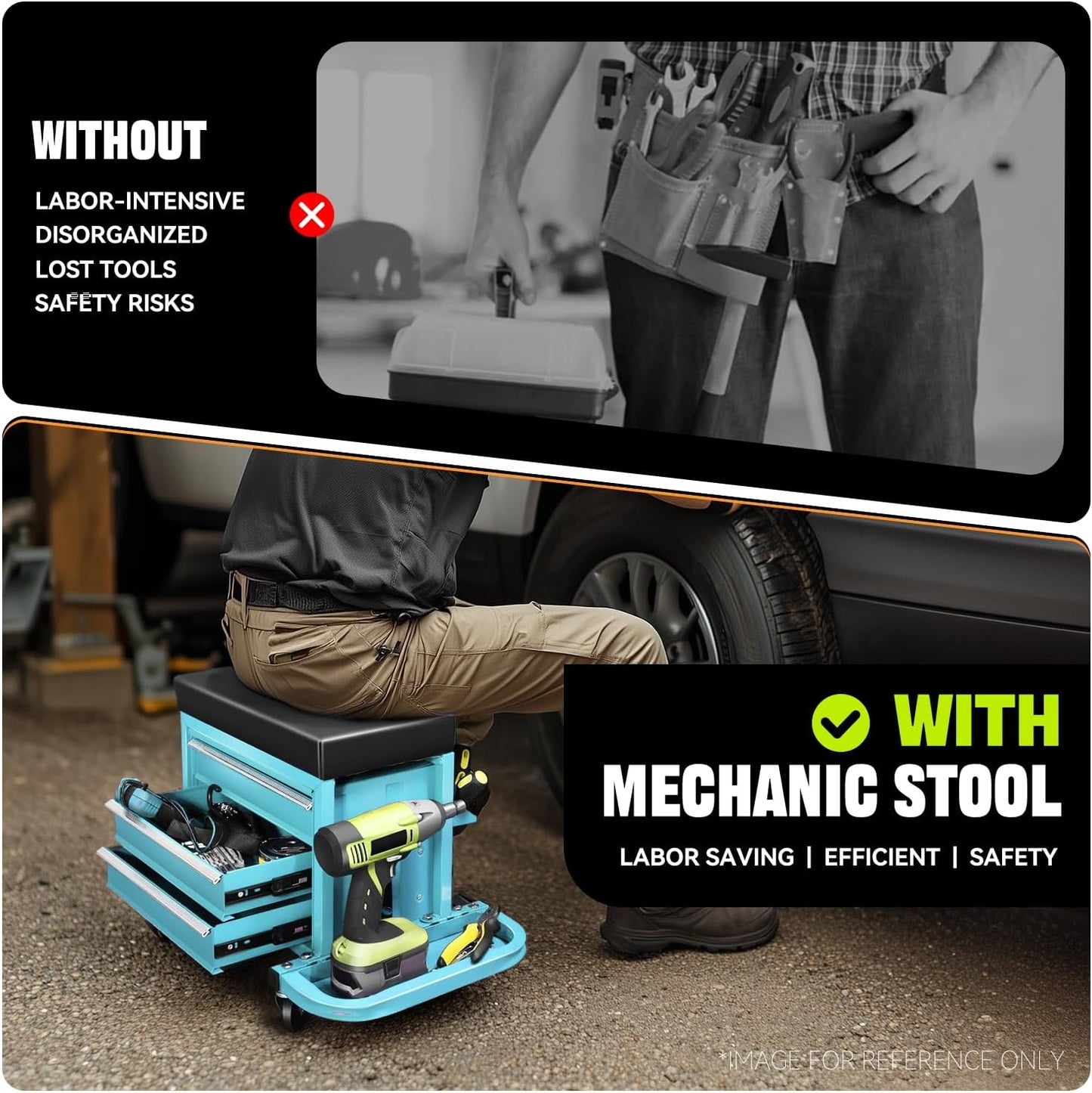 Auto Dynasty 3-Drawer Mechanic Rolling Seat, 350 LBS Capacity Roller Garage Shop Seat with Storage Tool Tray for Workshop, Repair Shop, Warehouse, Sky Blue