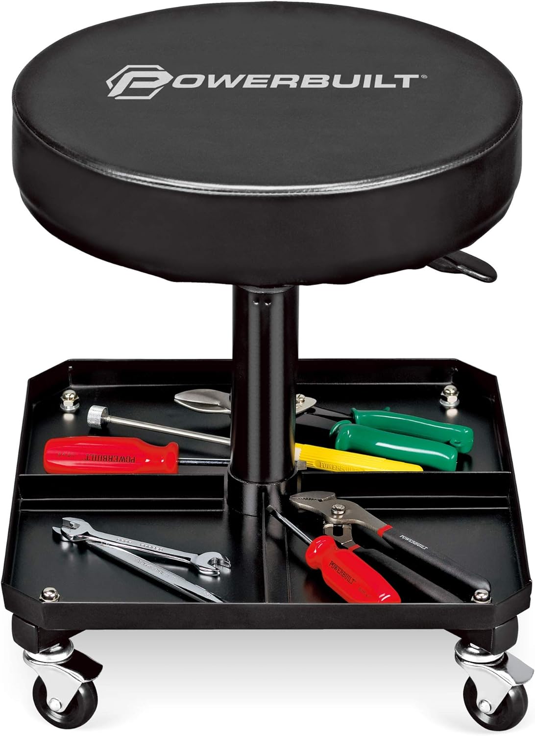 Powerbuilt Rolling Seat, Height-Adjustable Garage Stool with Tool Tray, Smooth and Padded for Car Repair, Detailing, Comfort - 640834, Black