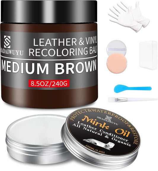 8.5oz Leather Recoloring Balm with 100ml Mink Oil,Medium Brown Leather Repair kit for Furniture and Car Interior,Leather Couch Scratch Repair,Leather Dye Paint,Mink Oil for Leather