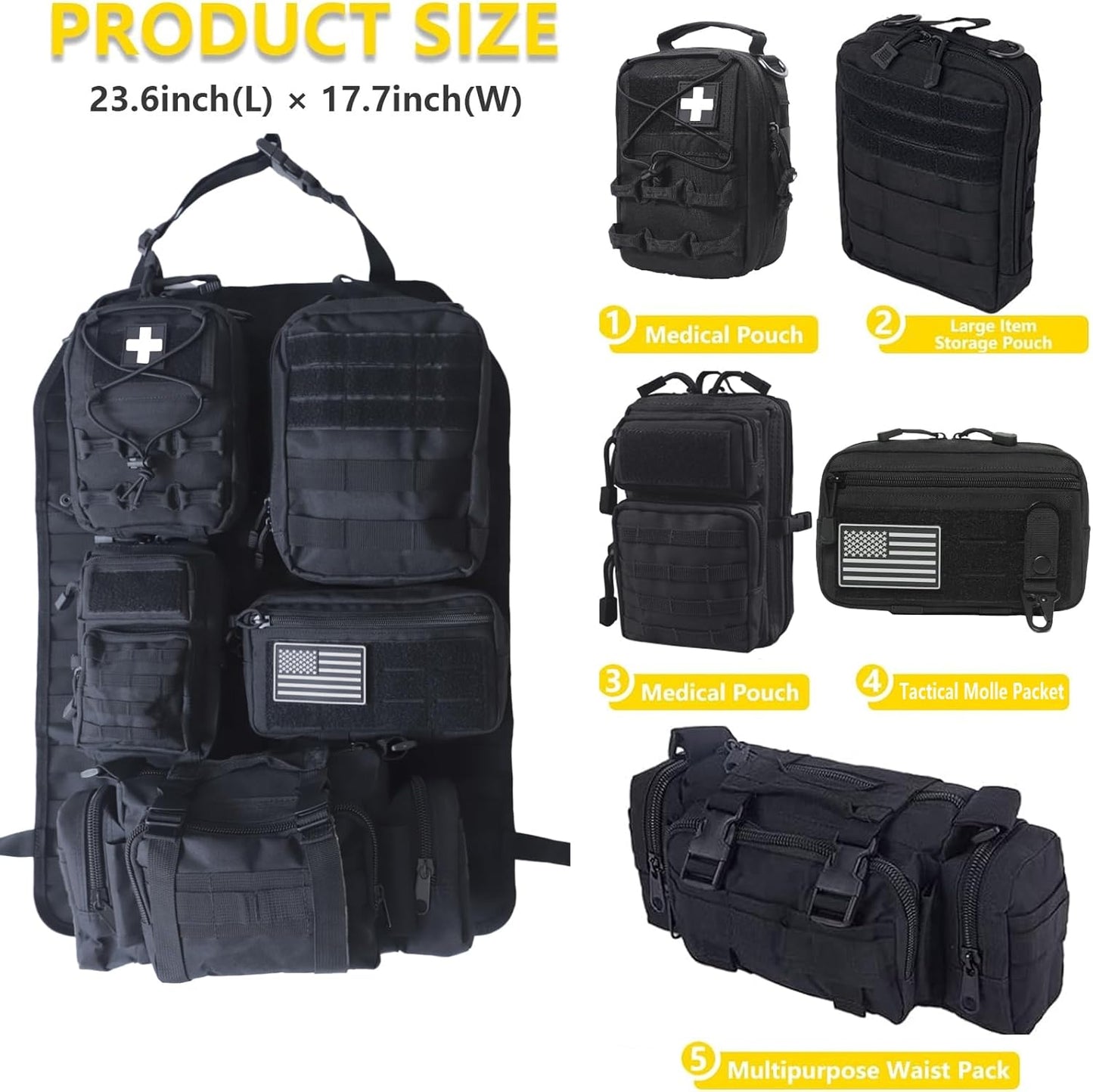 Universal Tactical Seat Back Organizer Vehicle Molle Panel Organizer Storage Bag with 5 Detachable Molle Pouch for All Vehicel Such as Jeep,Truck,SUV, Car, Ford,Chevy etc