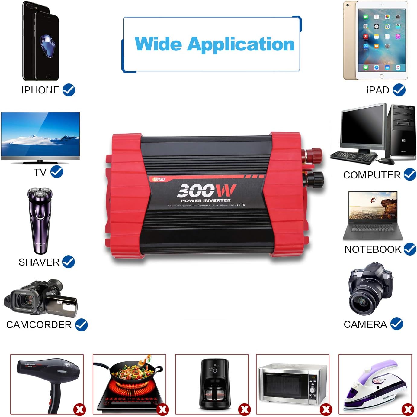 BYGD 300W Car Power Inverter, DC 12V to 110V AC Vehicle Plug Adapter Converter with 4 USB Quick Charging Ports and Dual AC Outlets Car Charger Equipped Cigarette Lighter Cable and Battery Clamps Red