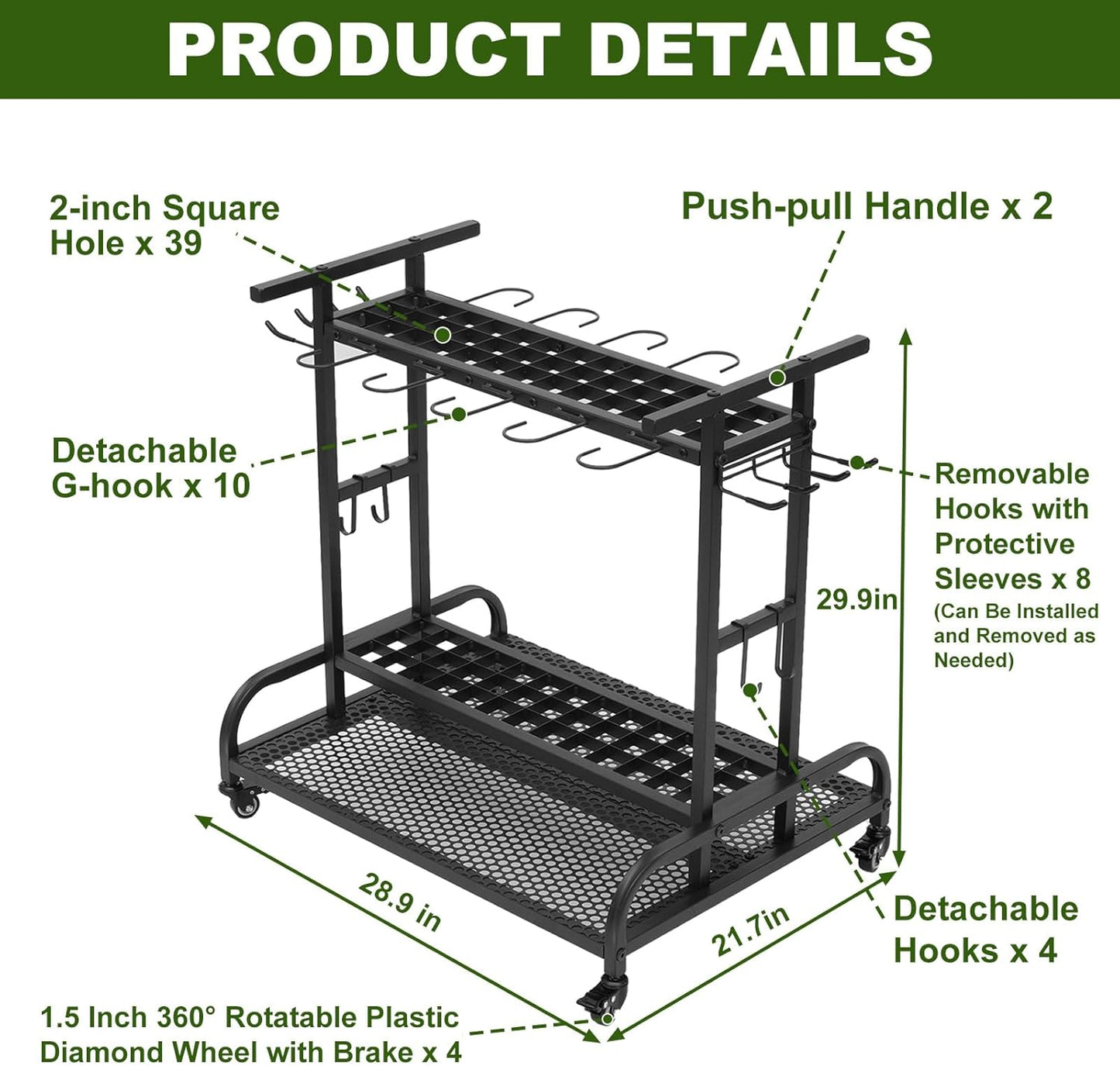Garden Tool Organizer with Wheels, Large Capacity Garage Tool Rack with Hooks, for Broom, Shovel, Long Handled Tools, Metal Yard Tool Organizer for Garage, Shed, Outdoor