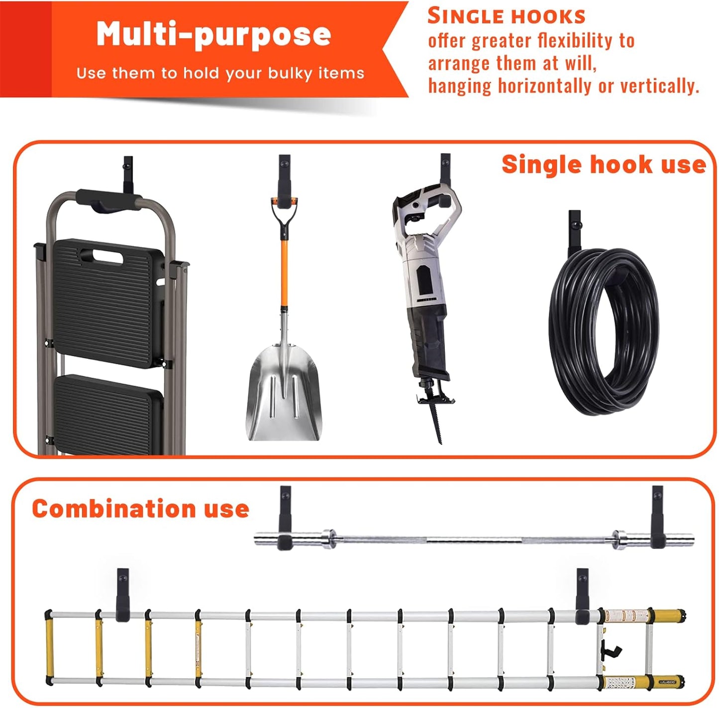 8 Pack Garage Storage Hooks, Ladder Hangers, Steel Wall Mount Hooks, Utility Hooks for Hanging Heavy Duty Shed Tools, Ropes, Garden Hoses, Shovel, Bulk Items, etc.（88lbs, 4Inch）