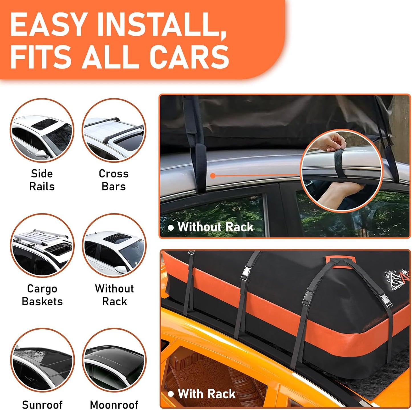 Asinking Car Roof Bag Rooftop top Cargo Carrier Bag 15 Cubic feet Waterproof for All Cars with/Without Rack, Includes Anti-Slip Mat, 10 Reinforced Straps, 6 Door Hooks, Luggage Lock
