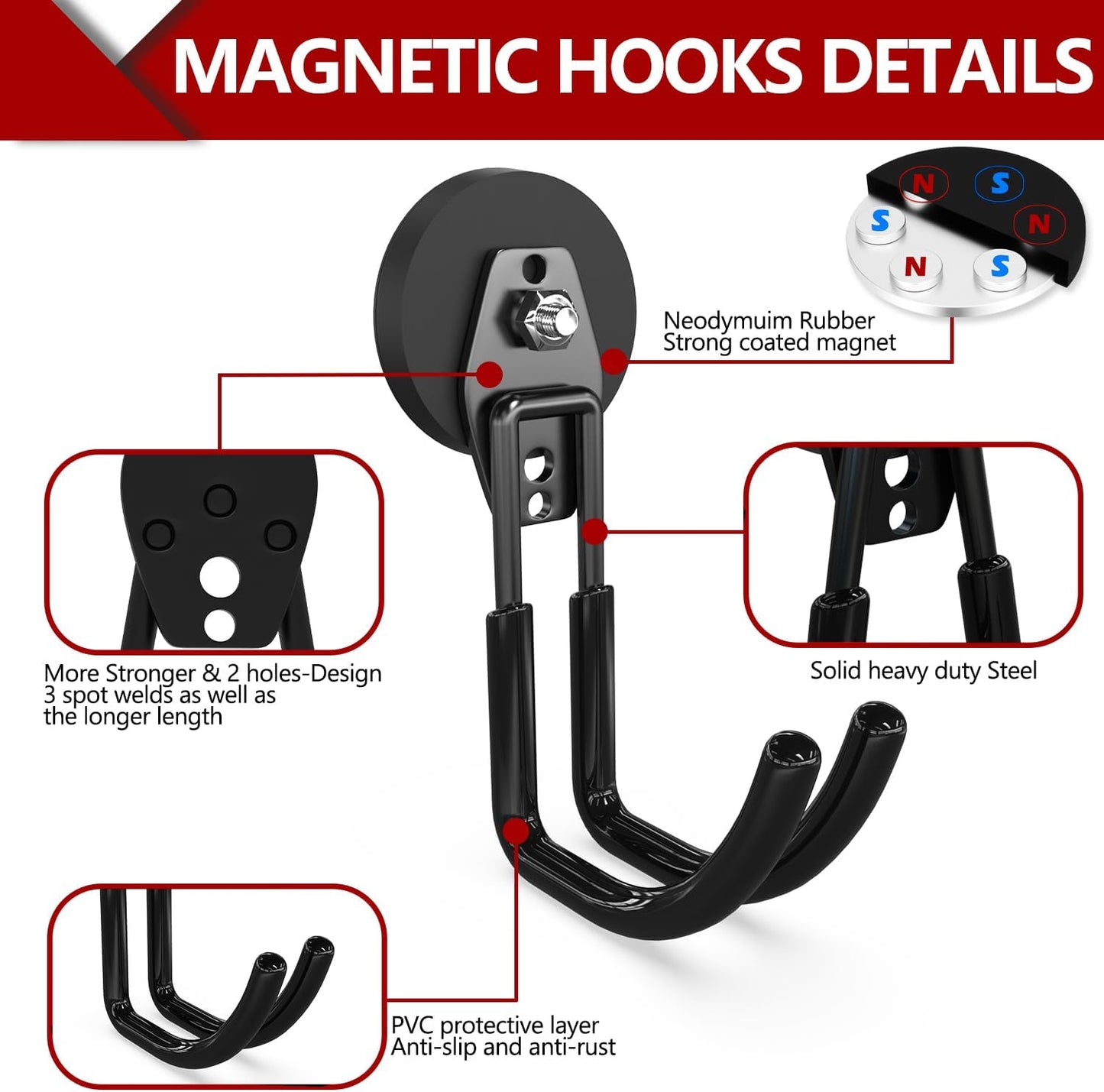 3-H Heavy Duty Magnet Garage Hooks 4 Pack, J Shape Strong Magnetic Hooks for Hanging Cordless Power Drill, Utility Magnetic Tool Holder for Metal Cabinet, Steel Pegboard, Toolbox, Garage(Black)