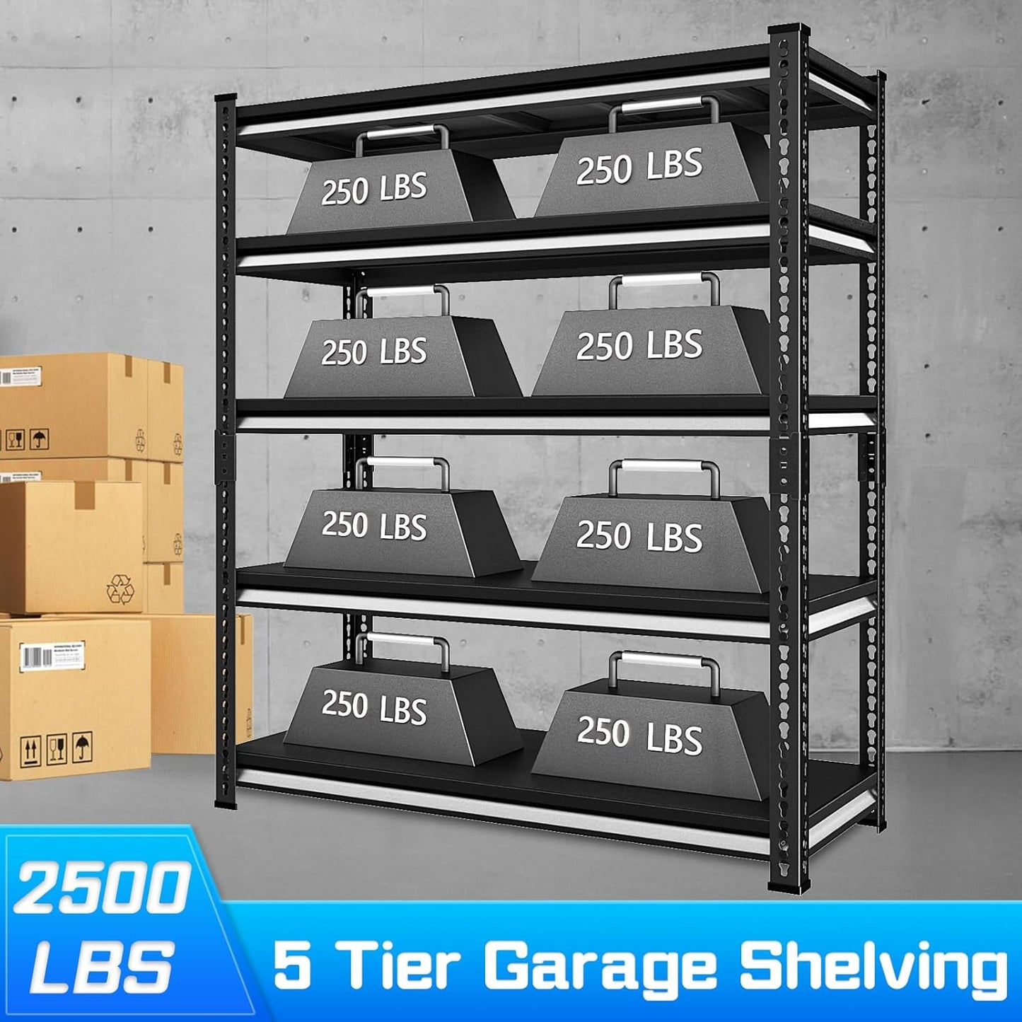 48" W Garage Shelving Heavy Duty，2500LBS Loads Metal Shelving Units and Storage,5-Tier Garage Storage Shelves Heavy Duty, Industrial Utility Shelves,48”W x 18”D x 78”H(Black)