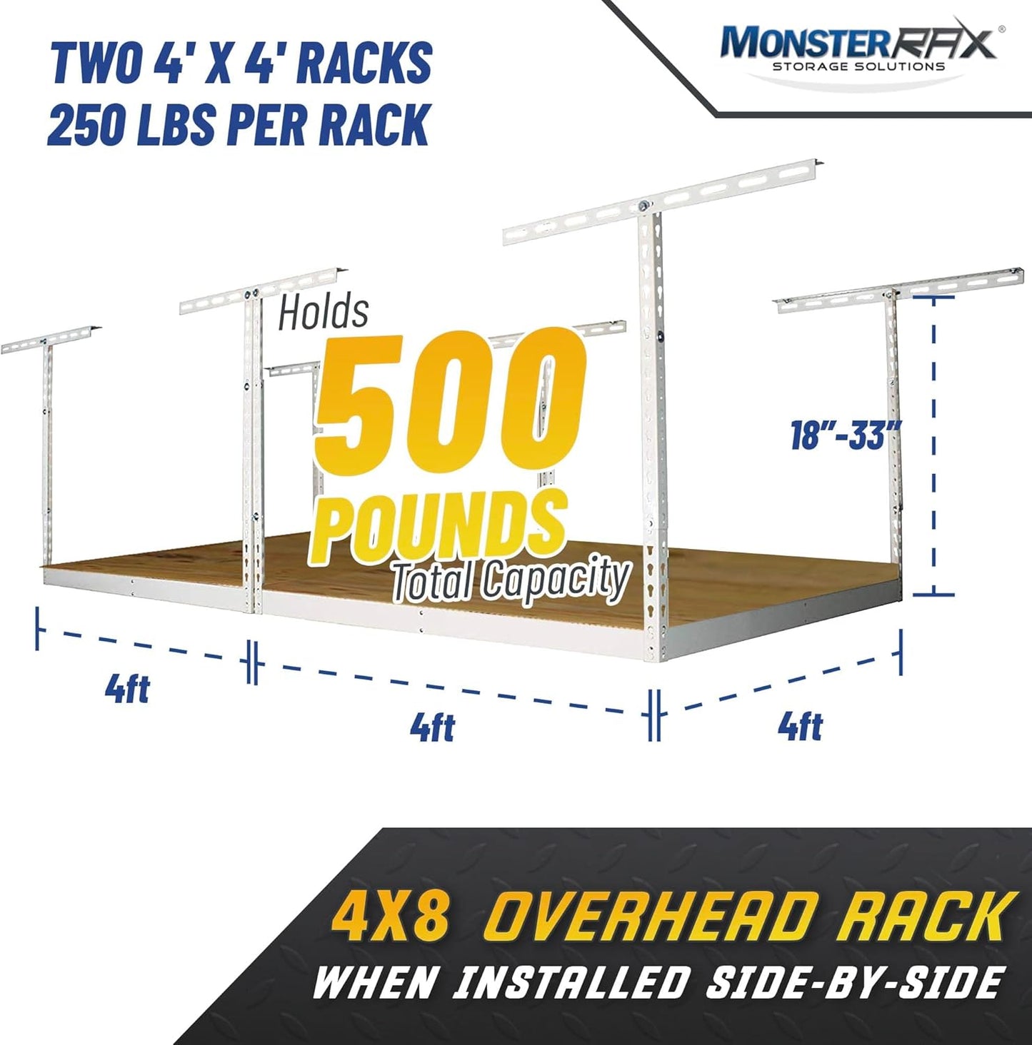 MonsterRax 4x8 Overhead Garage Storage Rack Frame Kit - Hanging Storage Shelves, Ceiling Storage Rack System, Overhead Garage Organizers And Storage, Ceiling Shelving - (White, 18"-33")