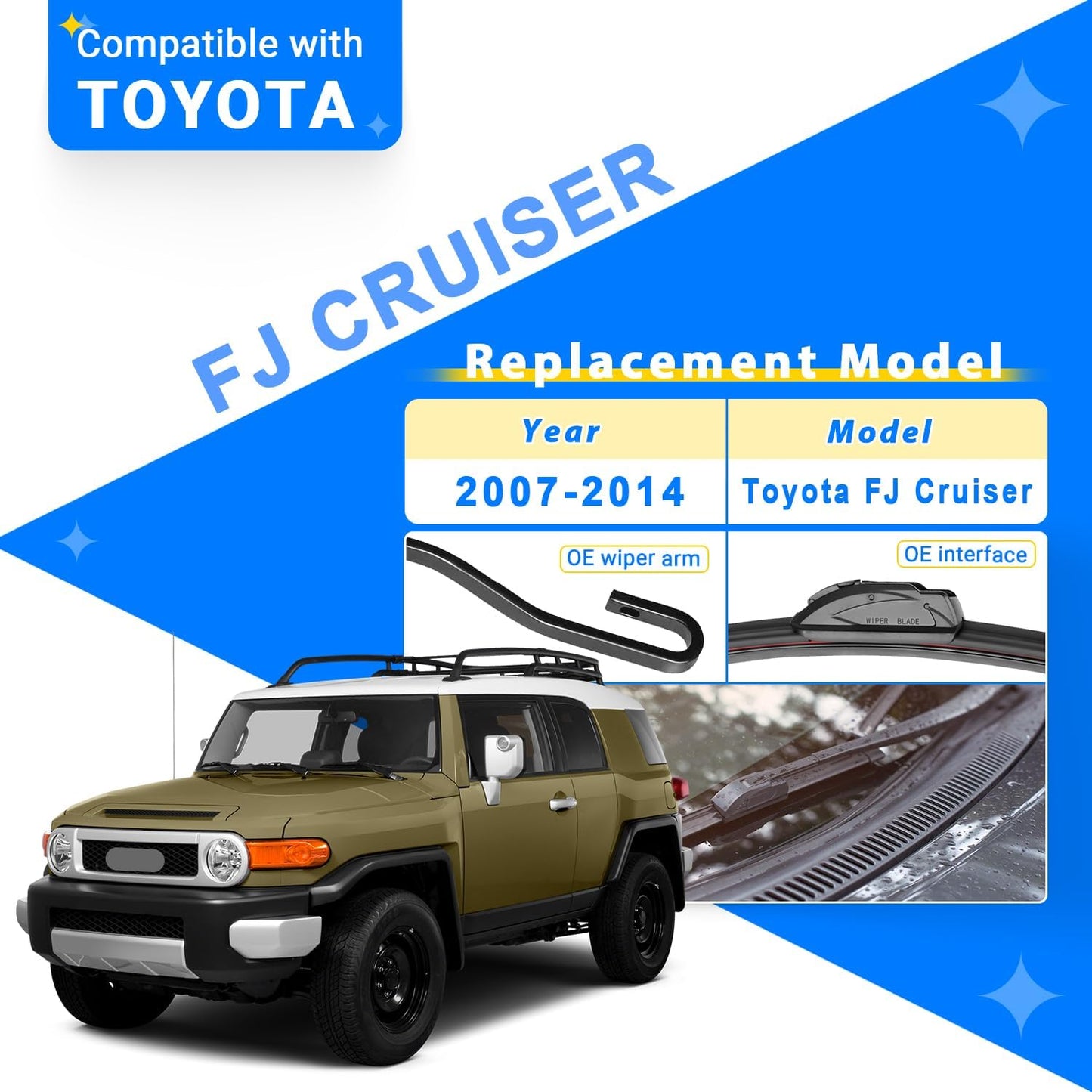 Windshield Wiper Blades Replacement for 2007-2014 Toyota FJ Cruiser Original Factory Quality Front Rear Wipers Blade Set for My Car - 16" 14" 14" 10" (Pack of 4)