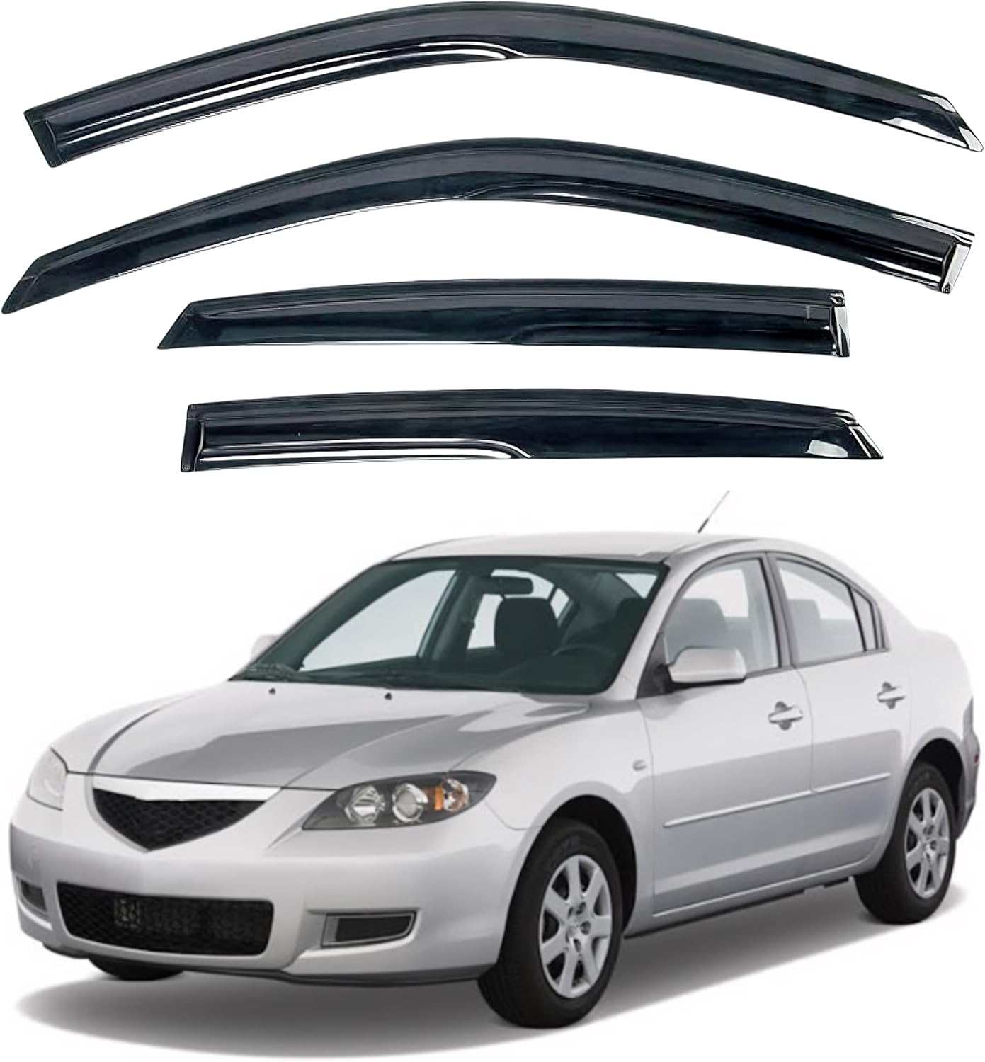 KPY Window Visor Compatible with Mazda 3 Sedan 2004-2009, 4PC Rain Guard Side Window Vent Deflectors Tape-On Mugen Style, 2004 2005 2006 2007 2008 2009