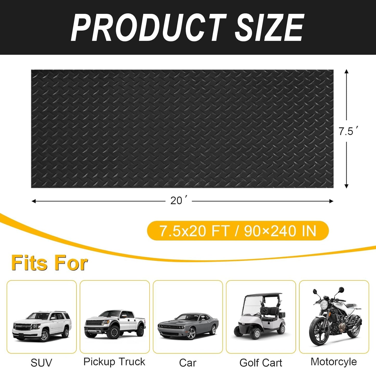 7.5x20 FT Garage Floor Mat, Flooring Roll with 20Pcs Tapes, 150 sqft Diamond Plate PVC Rubber Trailer Mat, Non-Slip Floor Mat for Garage, Warehouse, Gyms, Trailer, Pickup Truck (Black)