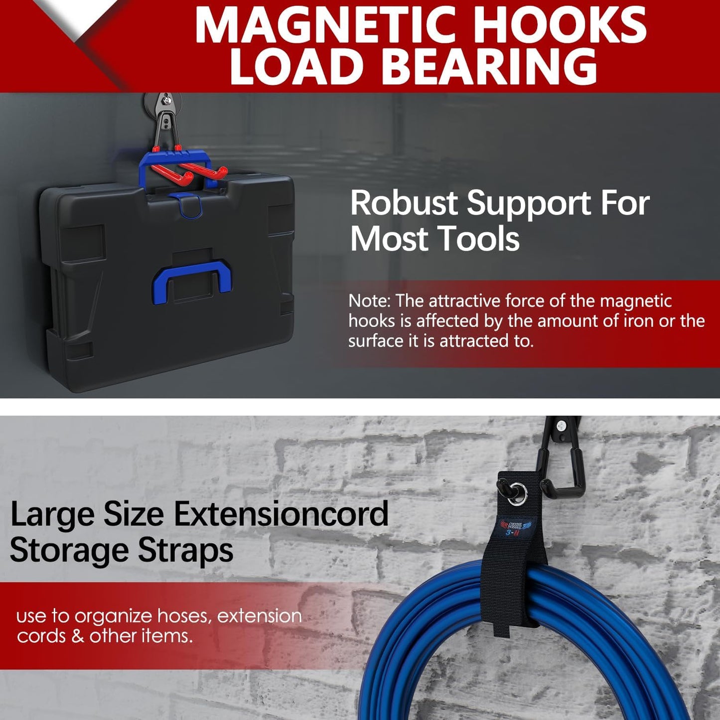 3-H Heavy Duty Magnet Garage Hooks 4 Pack, Extra Large Strong Magnetic Hooks for Hanging Cordless Power Drill, Utility Magnetic Tool Holder for Metal Cabinet, Steel Pegboard, Toolbox, Garage(Red)