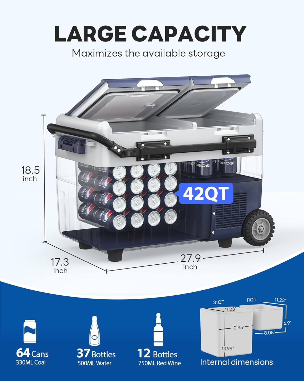 Aeitto 12 Volt Car Refrigerator, 42QT(40L) Dual Zone Portable Car Fridge Freezer -4℉-68℉ Electric Cooler Dual Temp Control Cooling Freezing 12/24V DC & 100-240V AC for Travel, Camping, RV, Road, Home