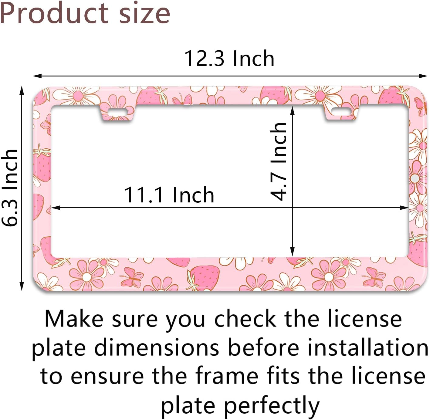 Flowers License Plate Frame Car Universal Stainless Steel Accessories with 2 Holes and Screws Fit for US Vehicles Size 12 x 6 Inches (Pink Butterfly Strawberry Floral, 2)