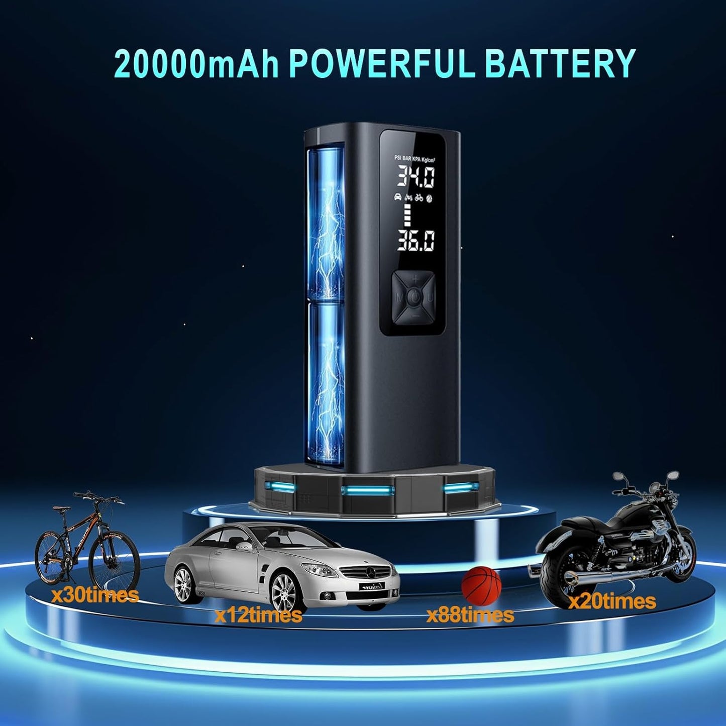 Tire Inflator Portable Air Compressor, 150 PSI & 3X Faster Cordless Air Pump for Car Tires, with Tire Pressure Gauge, LCD Dual Screen, Automatic Stop and LED Light, Bike Pump, for Motorcycle, Ball