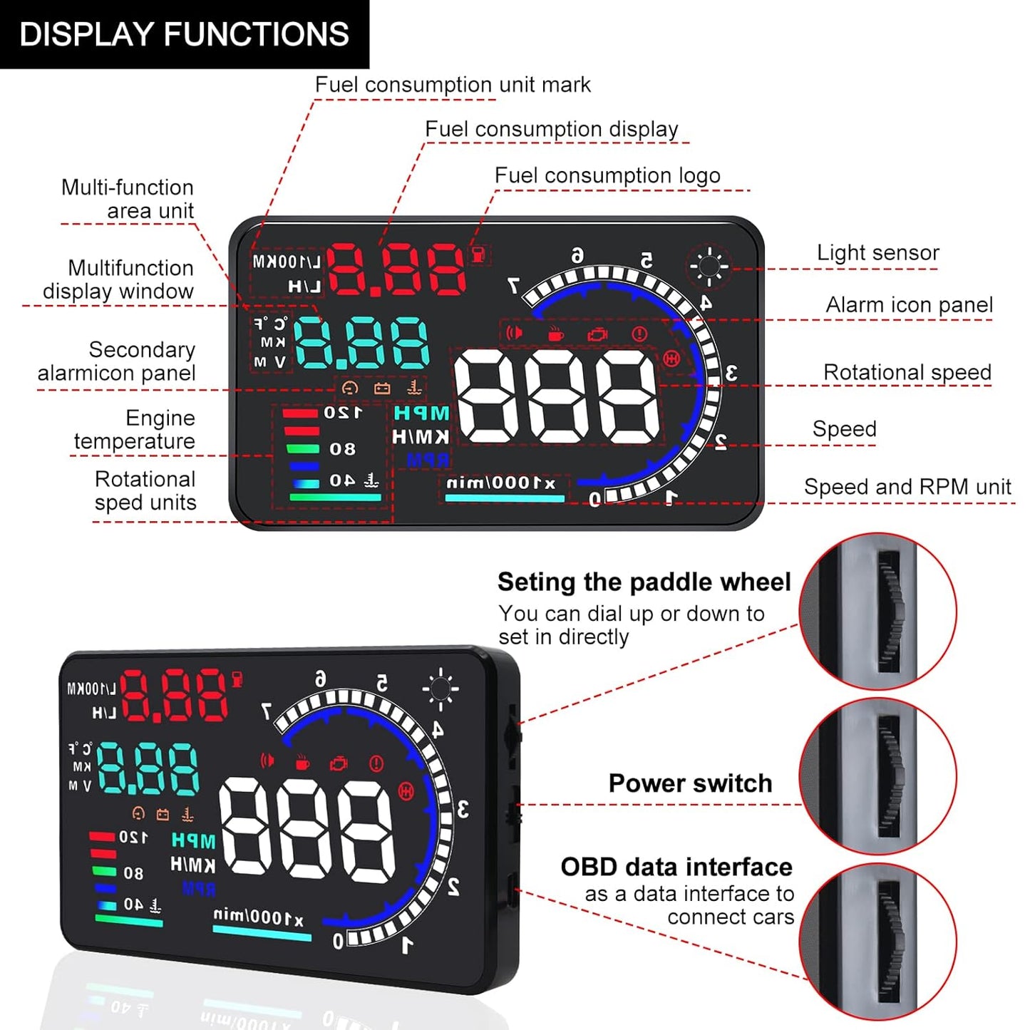 KAOLALI A8 HUD Display 5.5" Dash Screen Projector OBD2 Auto Gauge RPM MPH Speedometer Overspeed Warning Fuel Consumption Temperature Speed Heads Up Windshield Display Multiple-Color Bright for Cars