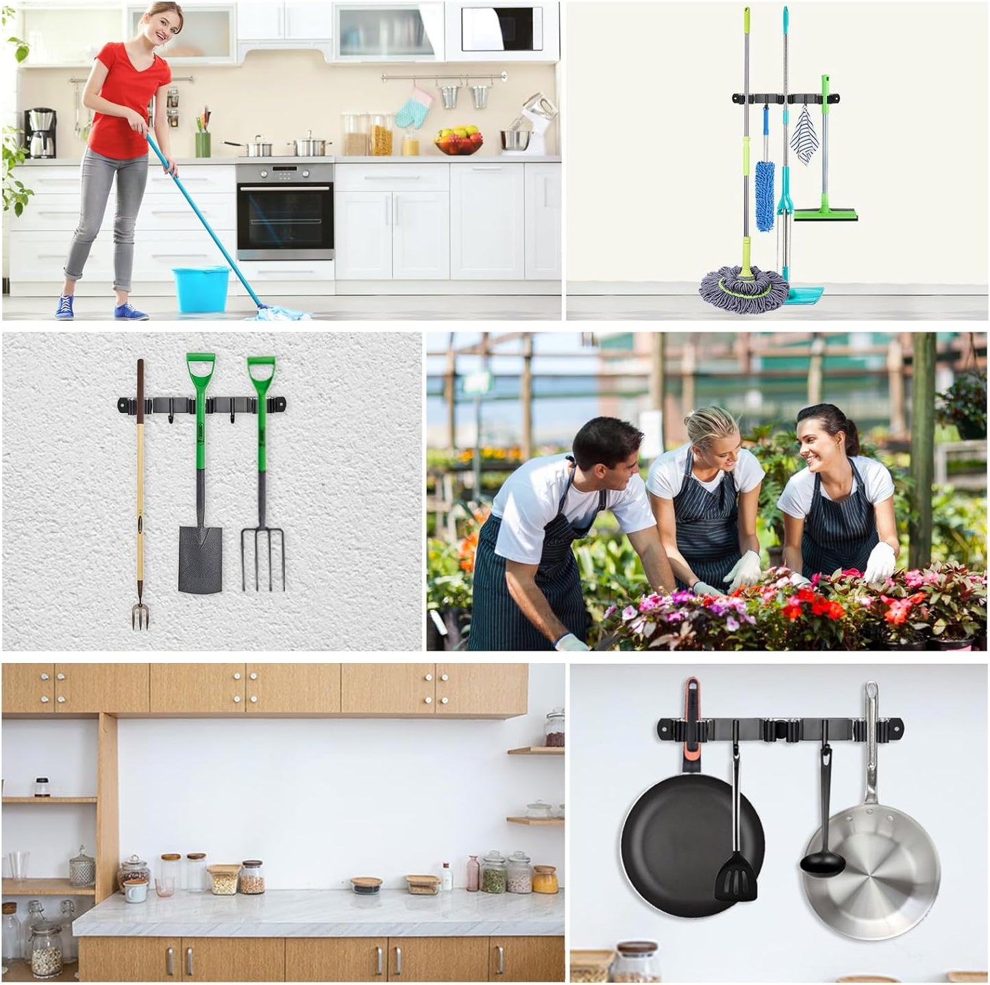 Huryfox Heavy-Duty Stainless Steel Broom Holder, Black, Wall Mount, 1-4 cm Diameter Compatible, Adjustable, 3 Racks, 2 Hooks, Space-Saving