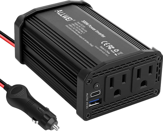 300W Car Power Inverter 12v to 110v, Car Plug in Adapter Outlet with PD 27w USB-C and Fast Charger 18w USB-A, Car Outlet Adapter, Car Converter to Outlet Plug, Power Inverters for Vehicles (Black)