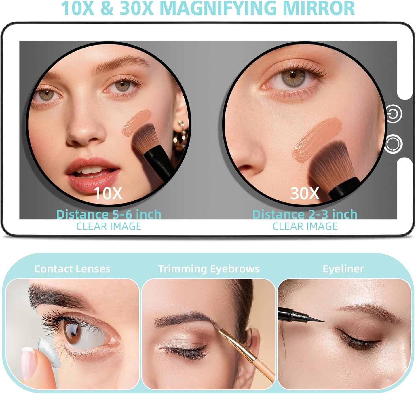 Car Sun Visor Vanity Mirror,Rechargeable Led Dimmable Makeup Mirror,With 10x and 30x magnification,3 Light Modes