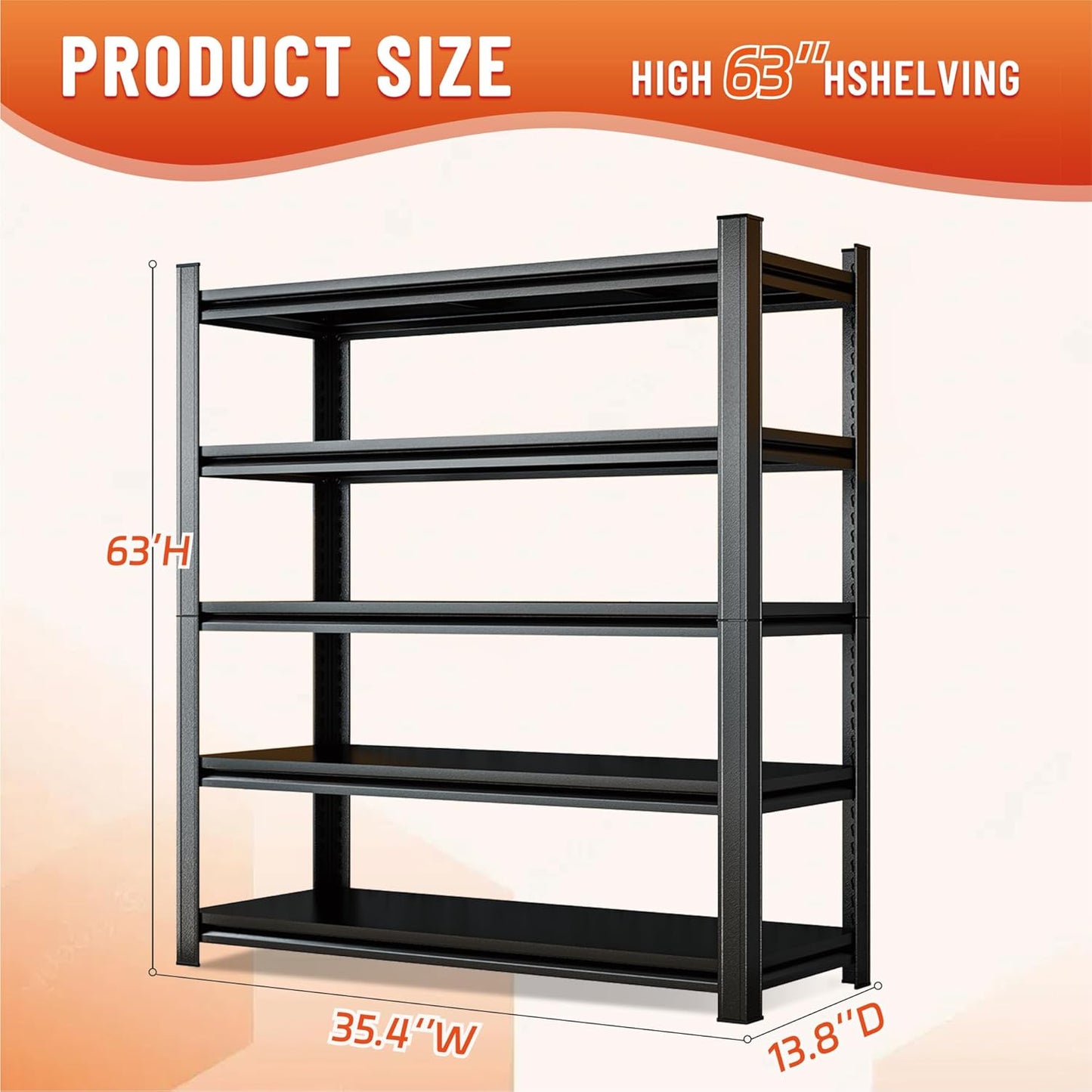 Heavy Duty 5-Tier Shelving Unit 2500LBS Capacity - Adjustable Steel Garage Shelves for Warehouse, Basement Storage(63''H x 35.4''W x 13.8''D)