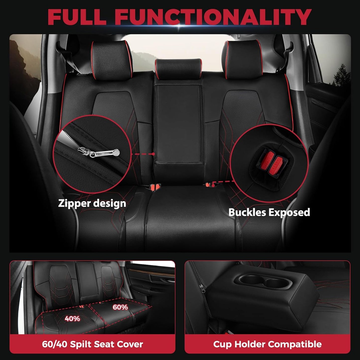 FREESOO CRV Seat Covers Full Set, for Honda CRV LX EX EX-L Sport Touring Hybrid 2017 2018 2019 2020 2021 2022, Custom Fit Seat Covers for CRV, Waterproof Leather Car Seat Covers, Black & Red