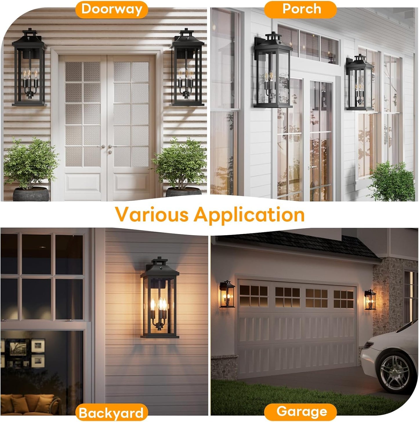 20" Large Dusk to Dawn Outdoor Lights 3-Light, 2 Pack Black Modern Exterior Lighting Fixtures Photocell Sensor Outside Porch Lights Wall Mount, Waterproof Patio Exterior Sconce Lamps E12