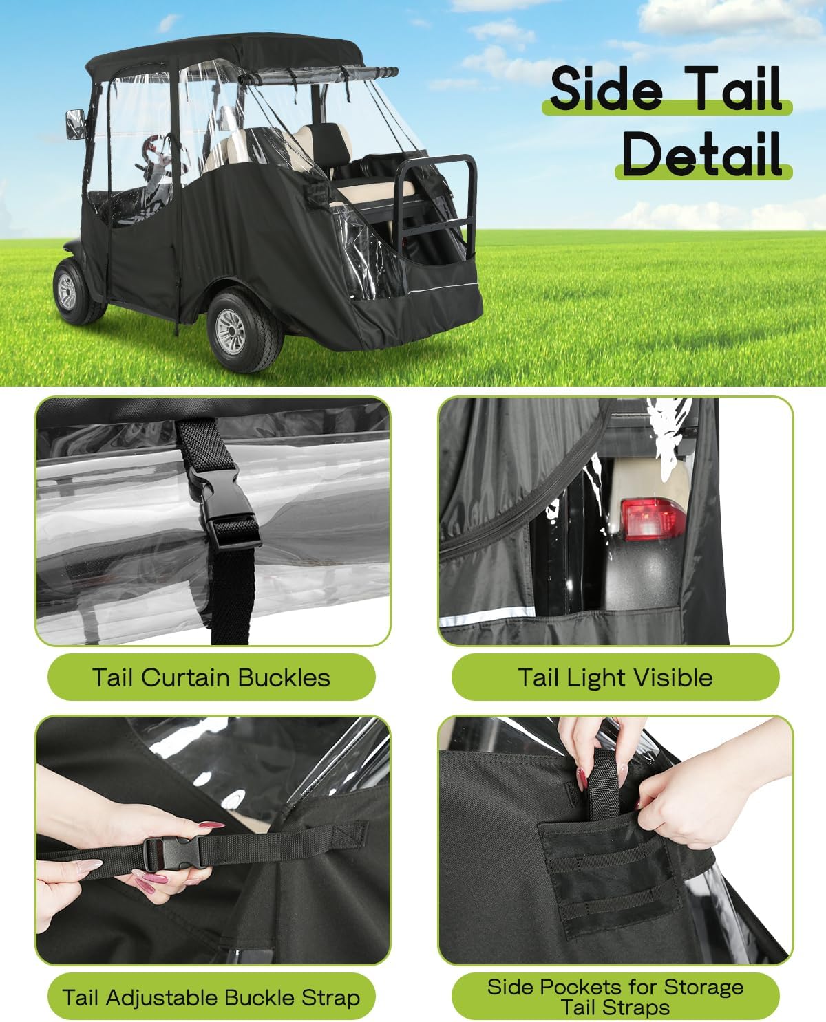 4 Passenger Golf Cart Enclosure for Club Car Precedent Short Roof 2+2 Waterproof Windproof Driving Rain Covera Fit 4-Seater with 4-Sided Clear Windows Mirror Zipper Roll-up Door Black