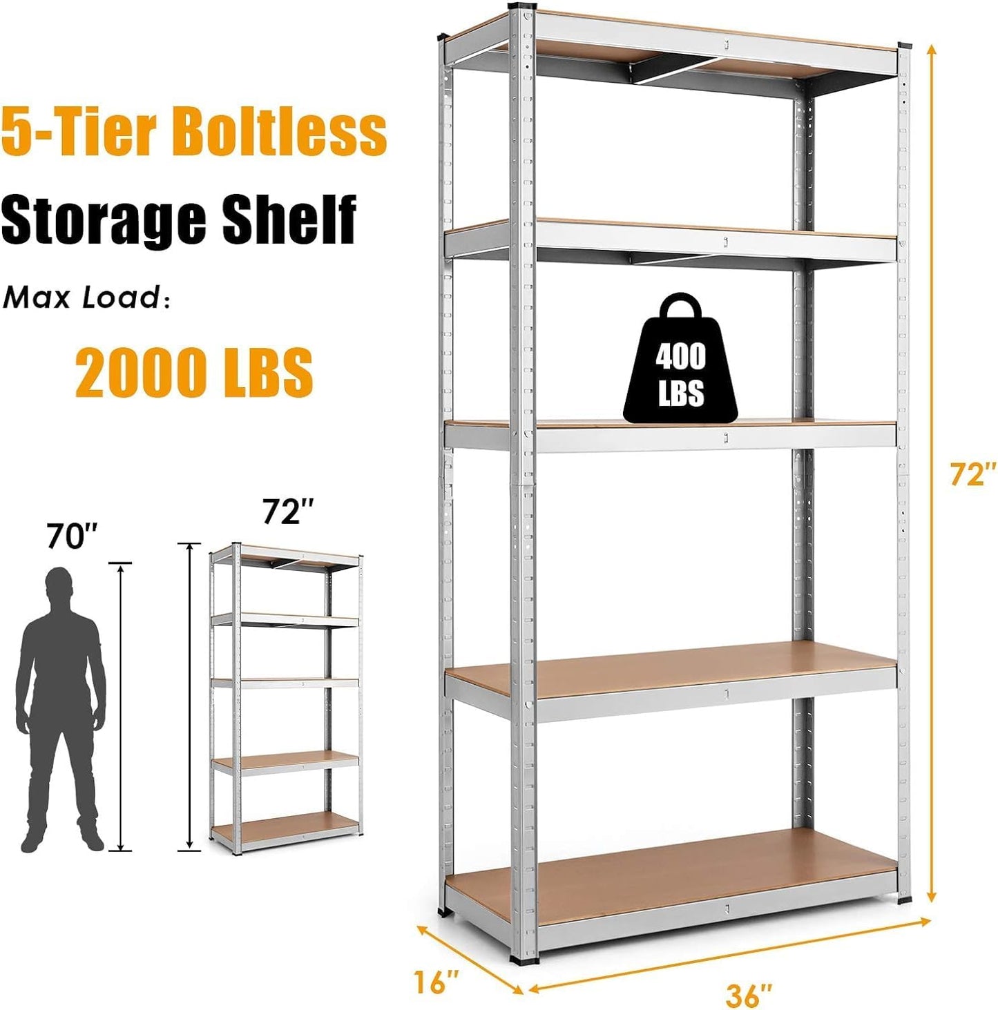 ERGOMASTER 5 Tiers Steel Shelves for Storage Heavy Duty Garage Organization Utility Shelf Rack for Books, Kitchenware and Tools Bolt-Free Assembly 72 x 16 x 72 inches (Set of 2,Silver)