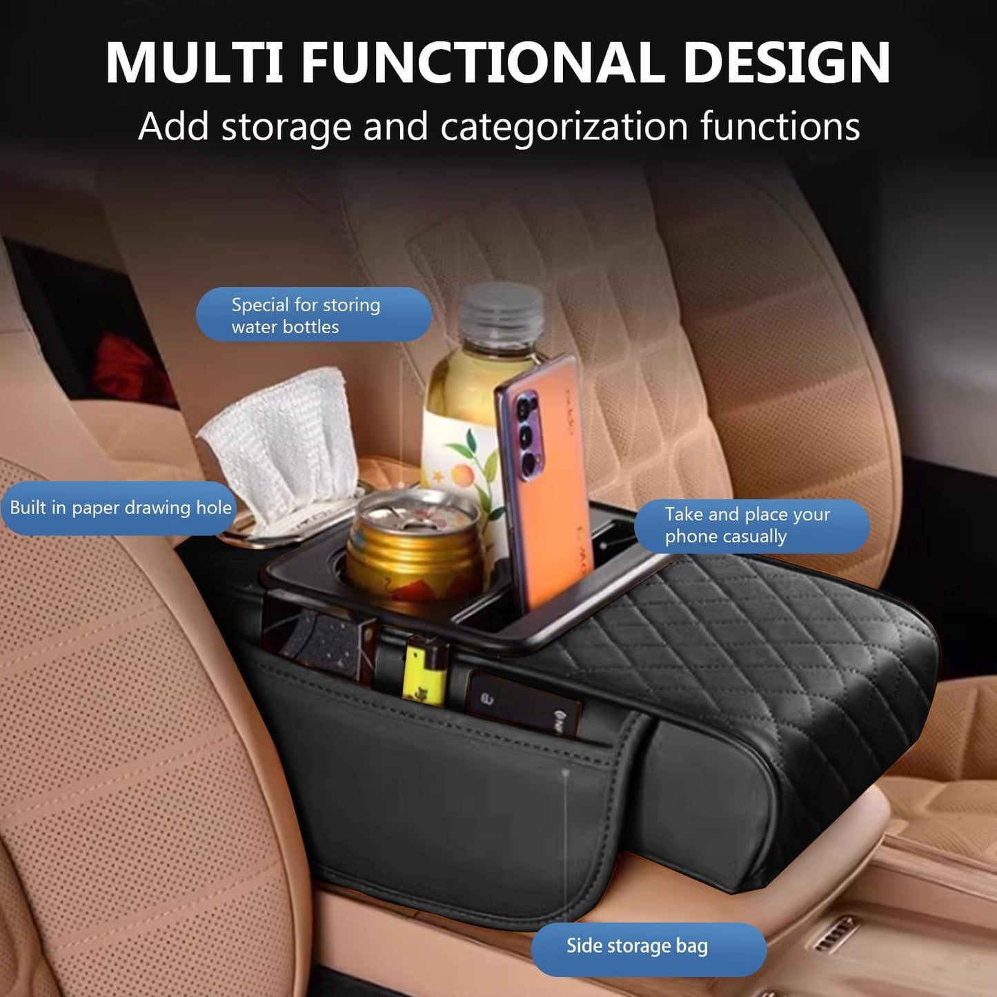Universal Car Armrest Cushion Organizer, Leather Armrest Cover for Car, 5-in-1 Center Console Cover with Cup Holder, Tissue Box Slot, Mobile Phone Storage Slot, Black