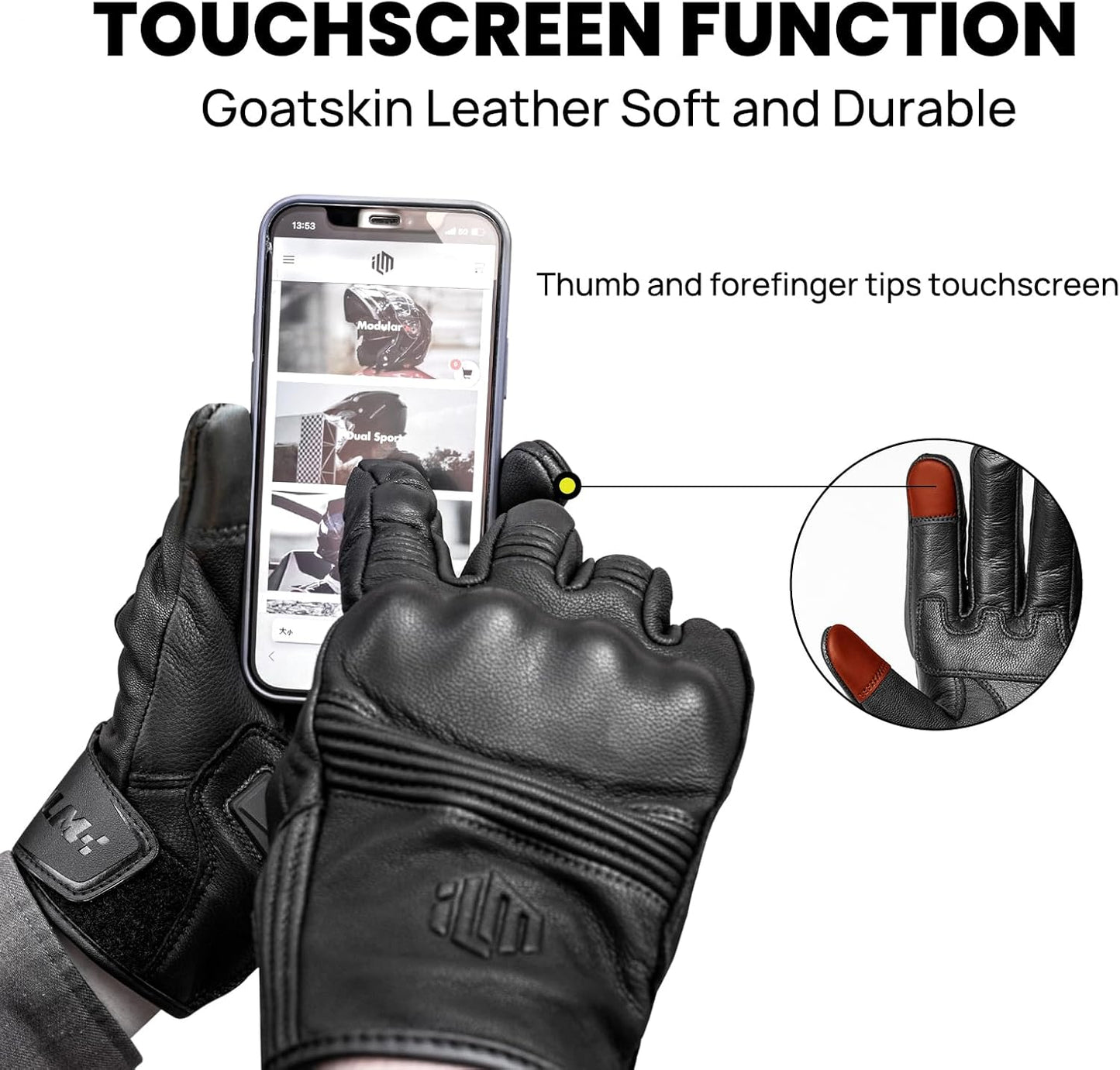 ILM Goatskin Leather Motorcycle Motorbike Powersports Racing Gloves Touchscreen for Men and Women Model DN01(XXL, Black Unperforated)