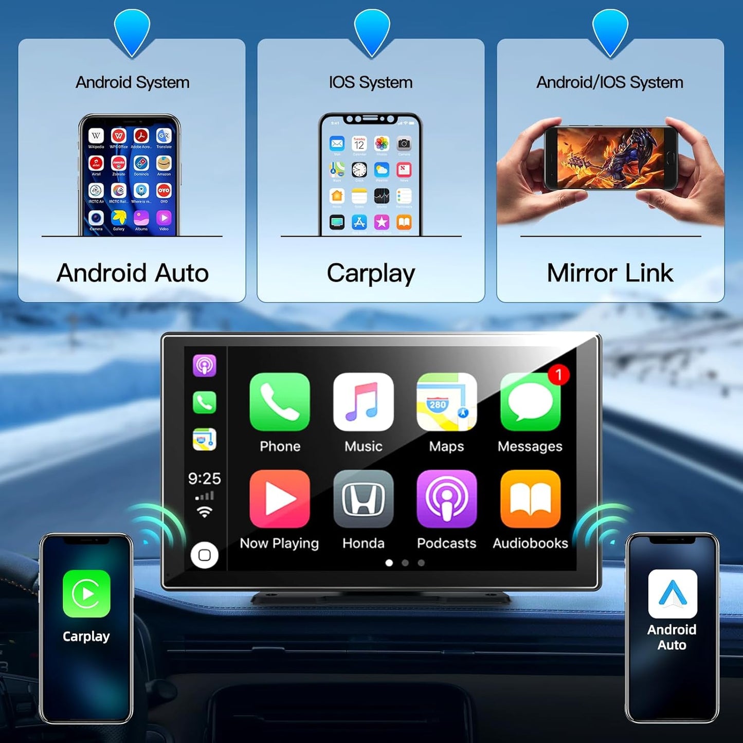 [Android& 2+32G] 9 inch Wireless Apple Carplay and Android Auto, 4 Core IPS Touch Screen Mirror Link, with 1080P Rear Camera and Support OTA Update, GPS Navigation, Netflix, YouTube, Tictok