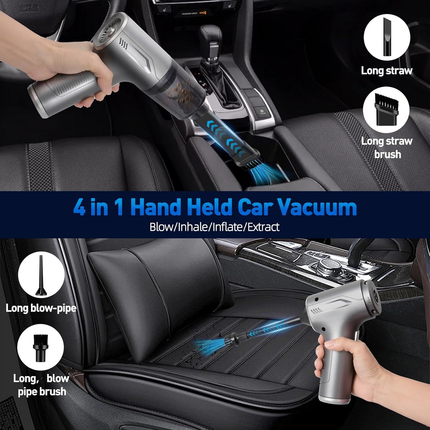 Handheld Car Vacuum Cleaner Cordless, High-Power Brushless 20000PA Mini Hand Held Vacuum Cleaner with 8 Multi-Functional Nozzle & 2 Replaceable Filters, Portable Car Vacuum for Office Pet Hair