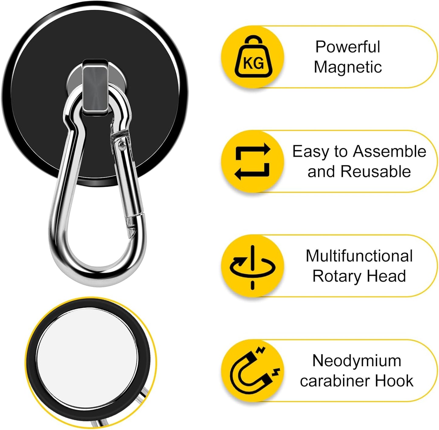 DIYMAG Black Magnetic Hooks, 150LBS Strong Heavy Duty Neodymium Magnet Hooks with Swivel Carabiner Hook, Great for Your Refrigerator and Other Magnetic Surfaces-36mm Diameter