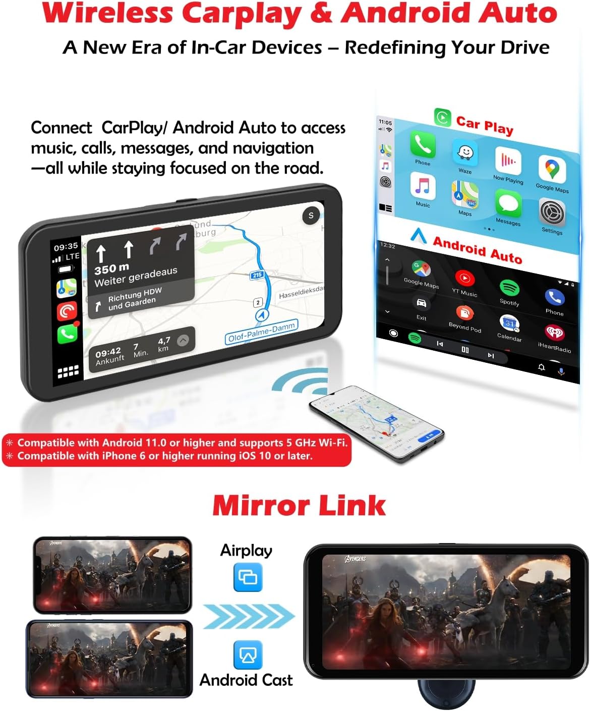 NikoMaku Wireless Carplay Screen, Portable Android Auto Car Stereo with Easy Setup Magnetic Mount, Compact Carplay Screen for Vehicle, Airplay, Mirror Link, Map Navigation, SD-1M (6.25 in)