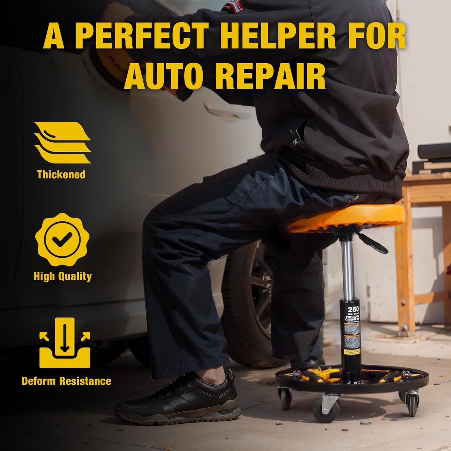 YELLOW JACKET Rolling Mechanic Stool with Wheels Pneumatic Garage Shop Seat Adjustable Height Roller Mechanics Creeper Chair with Tool Tray for Auto Repair