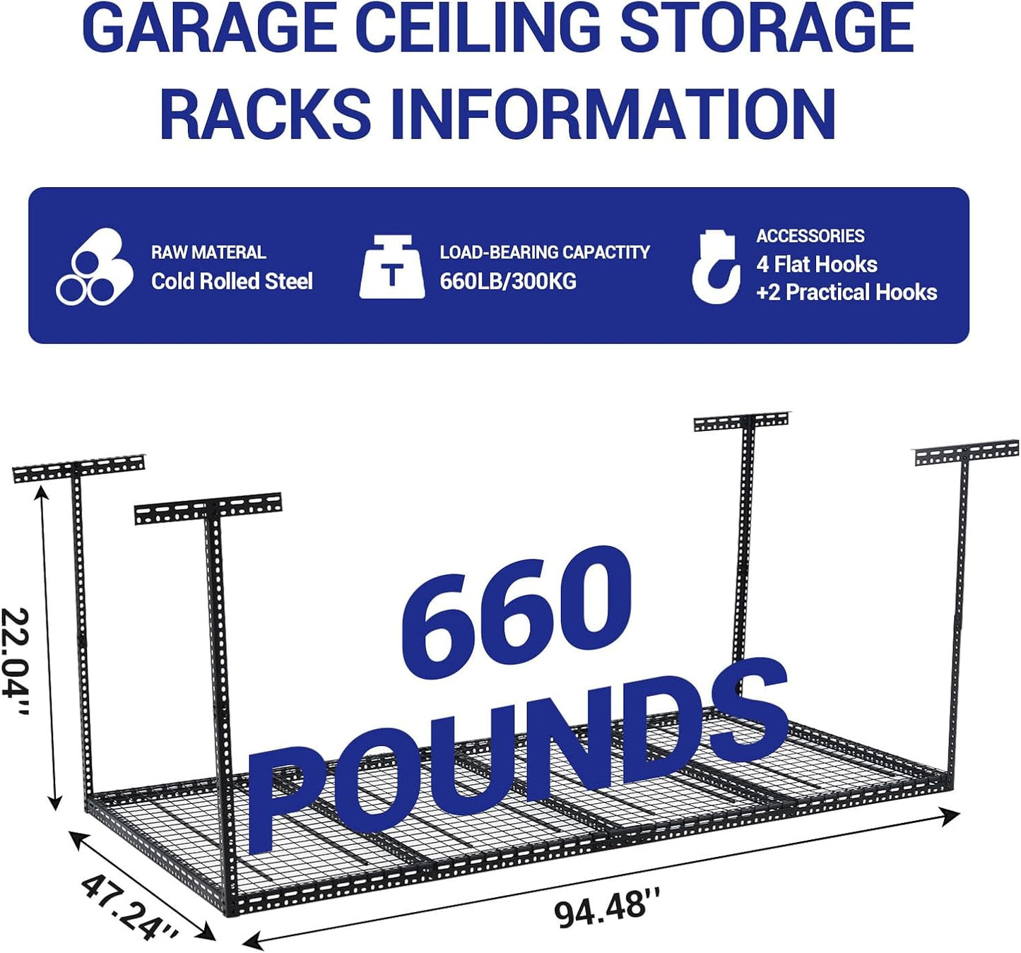 4x8 FT Overhead Garage Storage Rack, Steel Ceiling Storage Rack for Garage, Height Adjustable 22''-40", Heavy Duty 330 lbs Weight Capacity Storage Organizer System, for Basement Warehouse