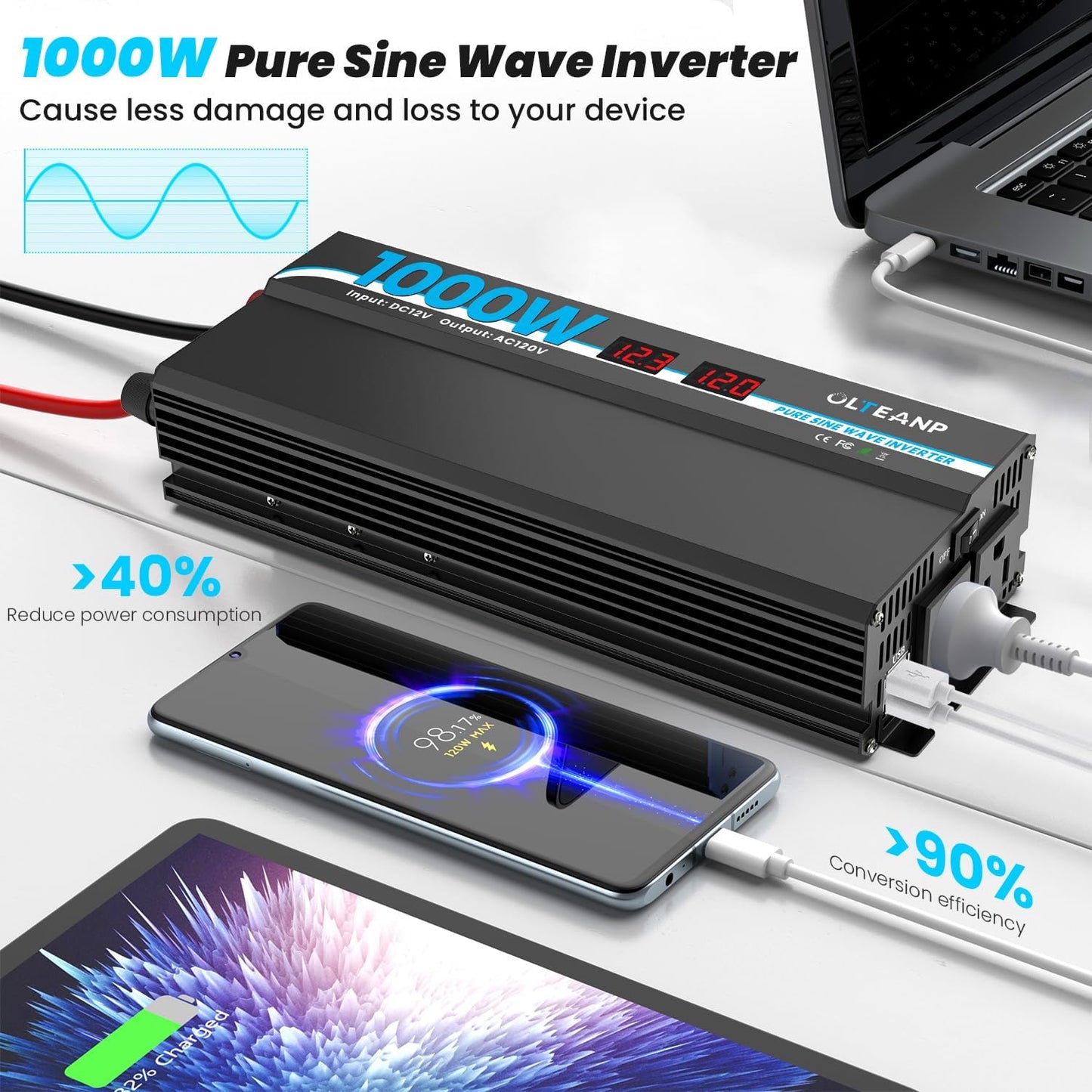 1000W Pure Sine Wave Power Inverter with 2 AC Outlets, 2 USB Ports, LCD Display, 12V to 110V Car & Home Inverter for Vehicles, Laptop