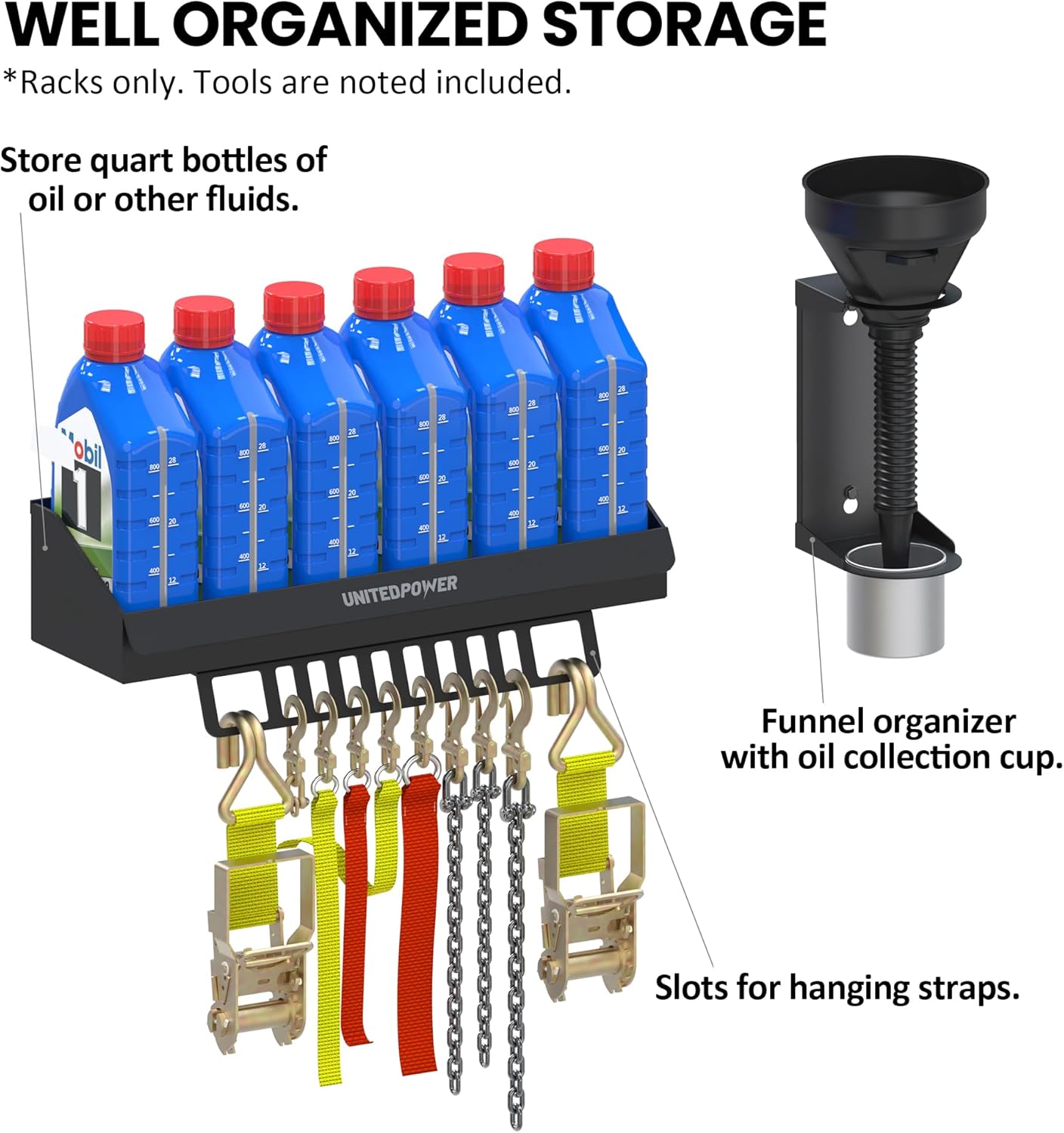 UNITEDPOWER 6 Quart Motor Oil Storage Rack, Bottle Shelf Mount Caddy With Funnel, Enclosed Race Trailer Shop Garage Organizer