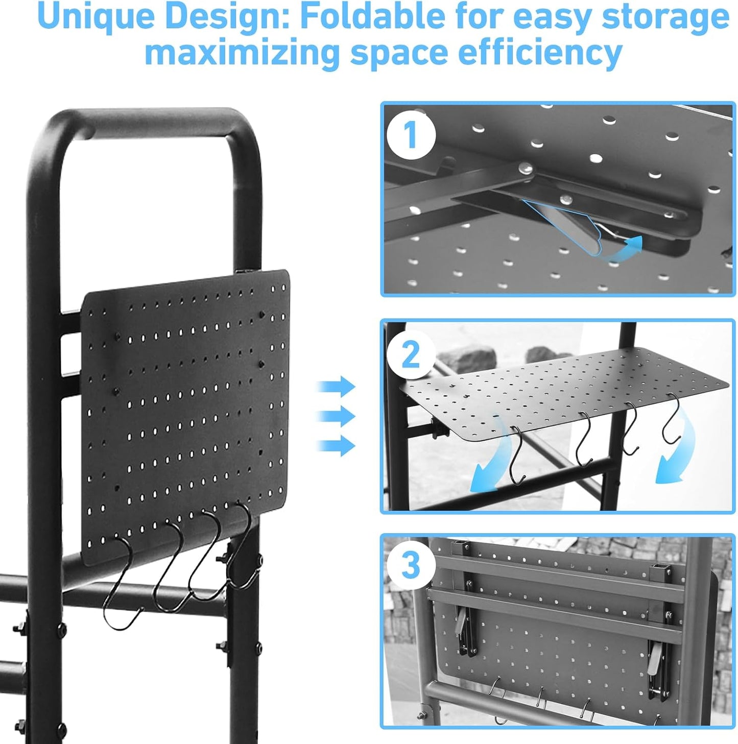 Rolling Tire Rack for Garage, Adjustable Metal Tire Rack with Foldable Heavy-Duty Hole Board, 4 Self-Locking Swivel Casters, 59” Height, 660 Pound Capacity