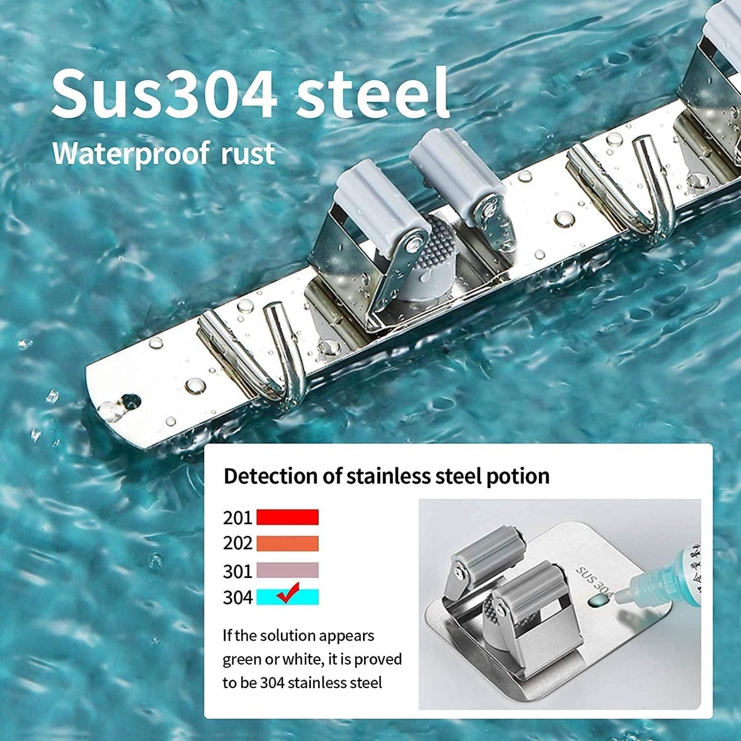 Mop Broom Holder Wall Mount Heavy Duty Adhesive Tools Organizer Rack Stainless Steel with 4 Positions 5 Hooks for Utility Room, Garage, Laundry, Garden, Kitchen, Bathroom, Toilet and Office