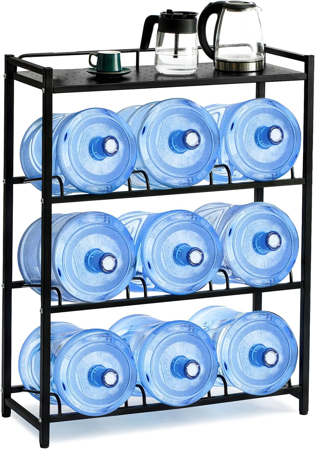 5 Gallon Water Bottle Holder 9-Tray 3/5 Gallon Water Jug Rack with Top Shelf Heavy Duty 5 Gallon Water Jug Stand for Kitchen, Office, Garage, Black