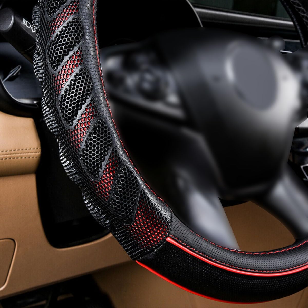 Flying Banner car Steering Wheel Cover Faux Leather Massage Universal fit 3D Honeycomb Hole Anti-Slip Sporty 15 Inches (Red Black)