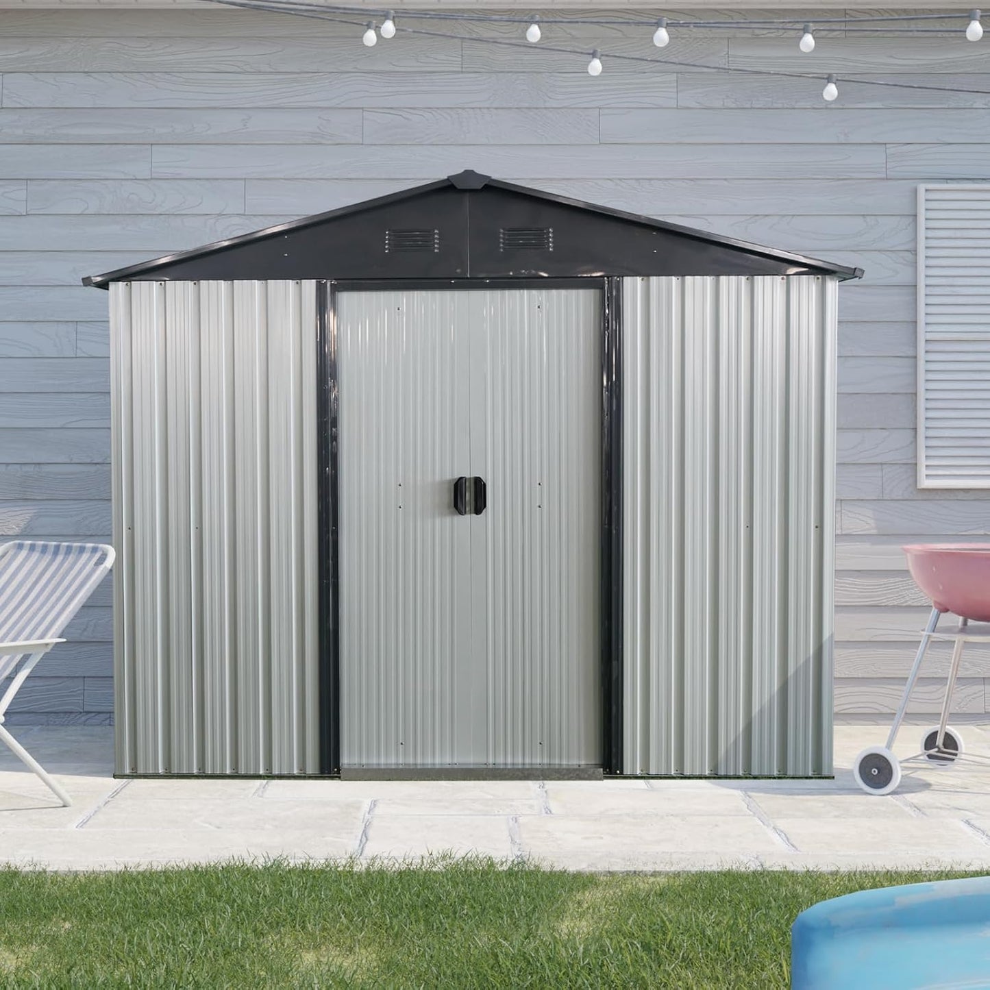 4x8 FT Outdoor Storage Shed, Metal Garden Shed with Frame Floor, Outside Tool Shed with Lockable Sliding Doors, Waterproof Storage Building with Sloped Roof for Backyard, Patio, Lawn, White+Black