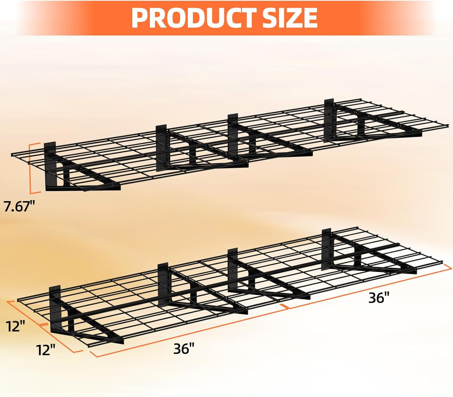 2-Pack 2x6ft Garage Wall Shelf, 72 inch Floating Shelf with 8 Bike Hooks, 1200 lbs Load Capacity Storage Shelves, Heavy Duty Metal Wall Mounted Shelves for Kitchen Laundry Workplace