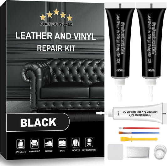 STARTSO WORLD Black Leather Repair Kit, Vinyl Repair kit for Car Interiors, Furniture, Couches, Car Seat, Sofa, Jacket and Purse, Restores Faux, Artificial, Genuine Pleather
