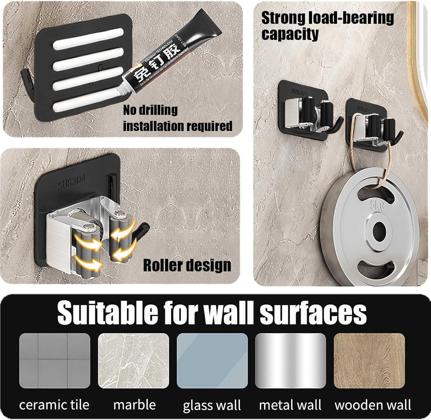 Stainless Steel Mop and Broom with Hook, Heavy Duty Rust Resistant Self Adhesive Mop and Broom Holder Wall Mount for Bathroom, Kitchen, Office, Garden, Garage, With 3M VHB Sticky Pads