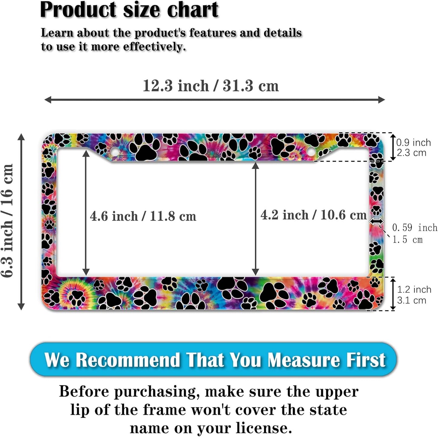 License Plate Cover for Men Multicolor License Plate Frames for Women Tie Dye Paw Print Aluminum Metal Car Accessory 2 Pack with Screw Covers Set