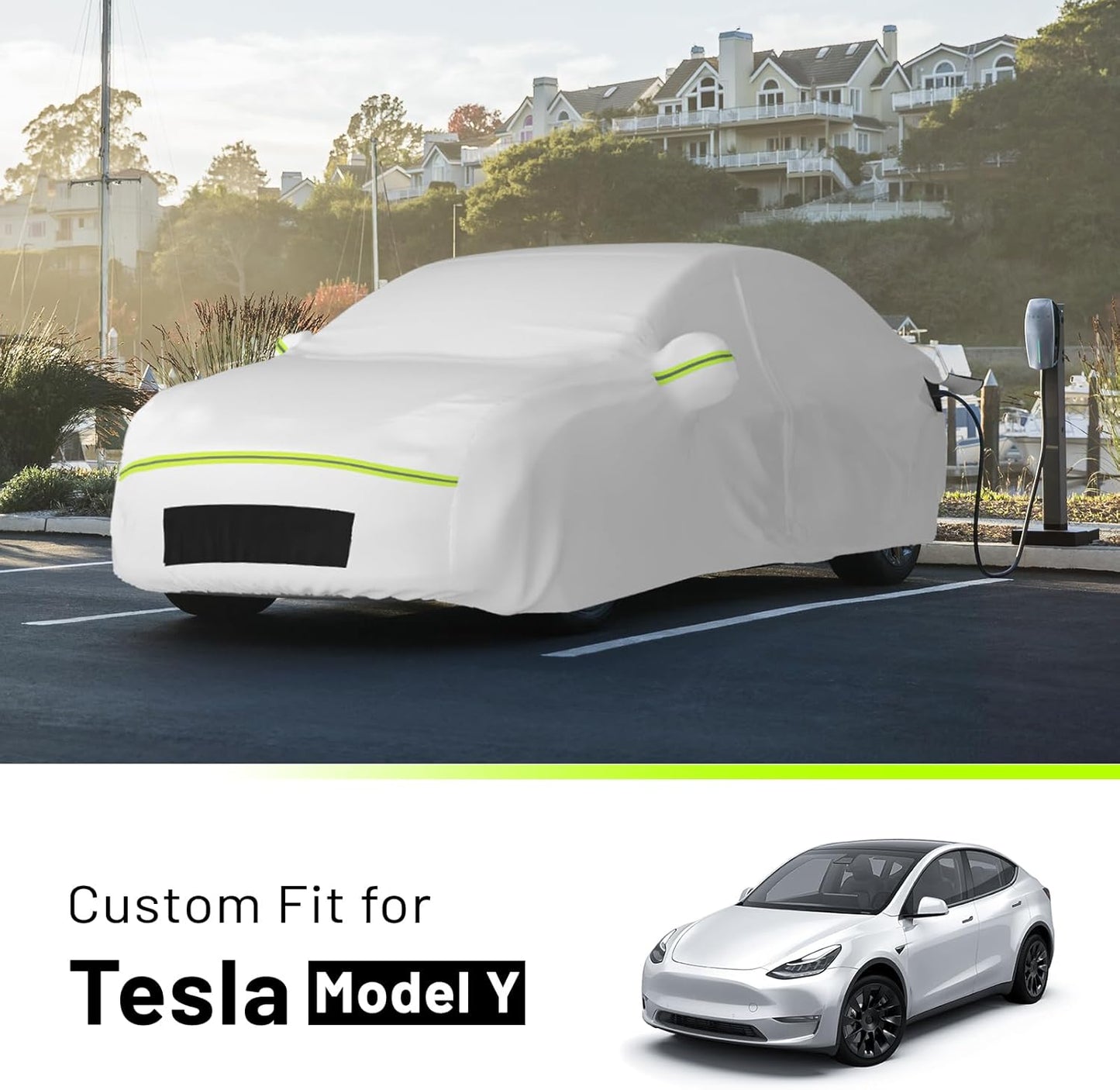 Favoto Car Cover for Tesla Model Y - Custom Fit Vehicle Cover 6 Layers Waterproof All Weather Outdoor Rain Snow Sun Dust Protection with Charging Port Ventilated Mesh Door Zipper