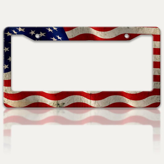 Vintage American Flag License Plate Frame USA Flag Patriotic License Plate Holders Funny Stainless Steel Auto Accessory Bracket 2 Hole with Screws Universal Us Car License Plate Frames 6x12 Inch
