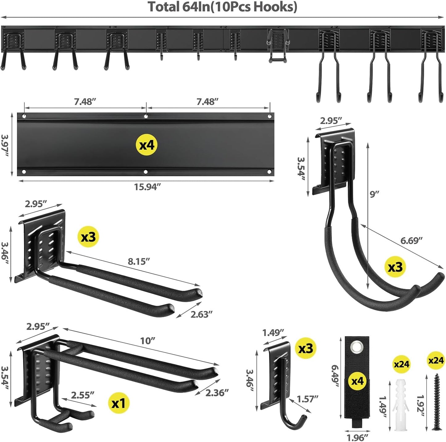 Tool Storage Rack Wall Mount, 64 Inch Adjustable Garden Tool Organizer, Heavy Duty Garage Wall Organizer Rack, Yard Tool Organizer System for Rake Shovel Broom Mop Wall Holder