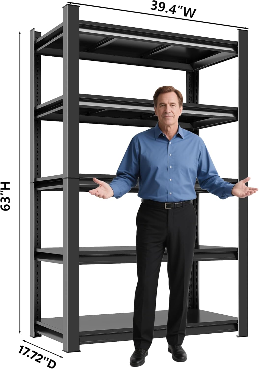 Metal Storage Rack Tier Height Free Adjustable Garage Tool Rack Load Capacity 3000lbs Industrial Storage Rack,Black,Garage,Kitchen,Bedroom,Garden (5-Tier63.0" H*39.4" W*17.7" D)